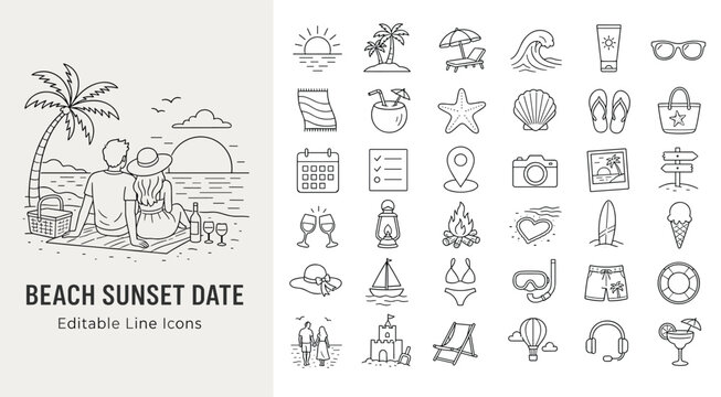 Minimalist outline icons for beach, summer, and travel. Romantic couple at sunset, vacation essentials. Perfect for web, app, print, and holiday designs.