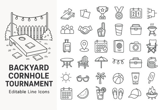 Editable line icon set for backyard cornhole tournaments, summer fun, and outdoor leisure. Perfect for game event promotions, web, and app design.