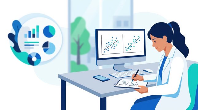 Illustration of a researcher analyzing scatter plots and writing variables soft blur on background elements striking blue and teal accents flat design style with neat composition