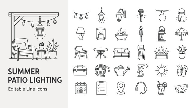 Collection of vector line icons for summer patio lighting, outdoor furniture, and garden tools, perfect for web, apps, or design projects.