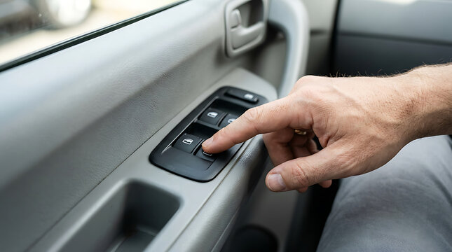 Close car window using electric button, hand operating control panel inside vehicle