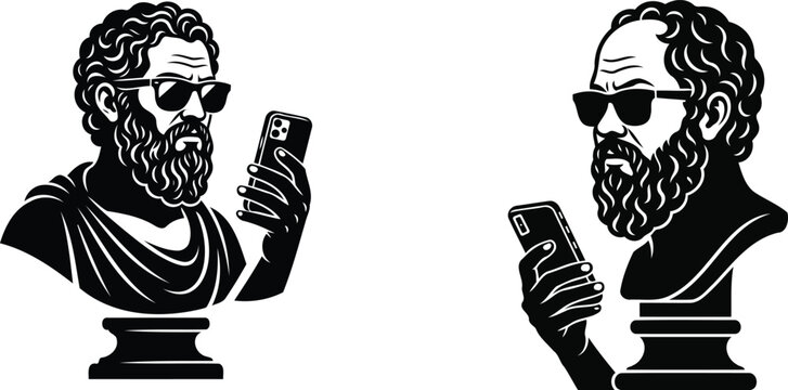 Ancient philosopher taking a selfie with smartphone a black silhouette