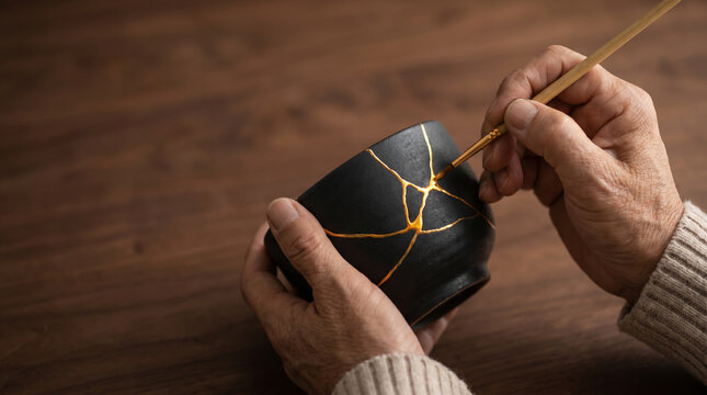 Hands repairing black bowl with gold kintsugi, resilience concept