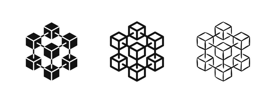 Blockchain Technology and Network Cube Icon Set - Decentralized Data Structure