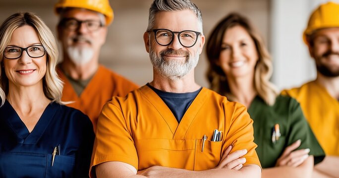 A photograph depicting various specialists standing together against a dark background. A modern concept for organizing a work team.