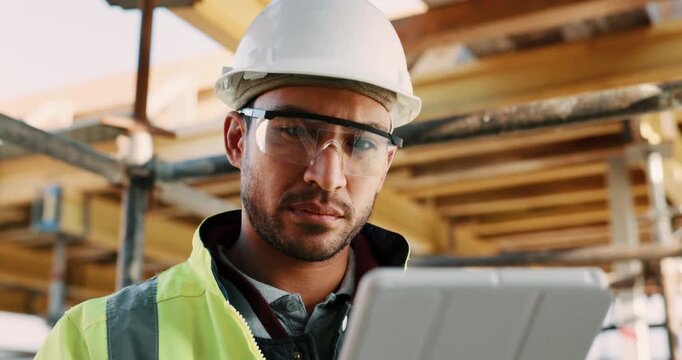 Construction site, thinking and man with tablet, engineering and inspection for quality control. Tech, risk assessment and person with maintenance, schedule and property renovation with development