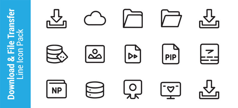 Download and file transfer line icon pack for website interface and mobile application development.