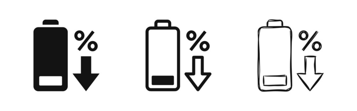 Low Battery and Energy Discharge Icon Set - Power Status Symbols