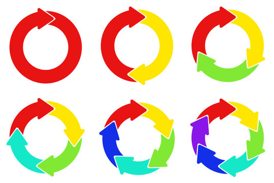 Set of circular arrow diagram charts with varying color sequence stages vector