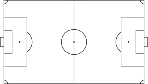 Aerial view of a soccer field with goal boxes and center circle silhouette