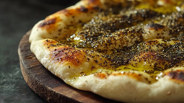Traditional Lebanese manakish zaatar flatbread golden crust savory herbs olive oil dark wooden board macro