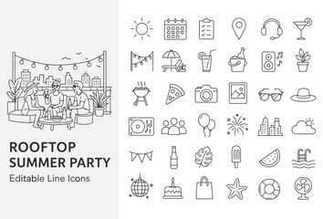 Obraz premium Modern flat line vector icon set for summer fun, rooftop parties, and outdoor celebrations. Features friends, BBQ, music, and seasonal elements for various designs.
