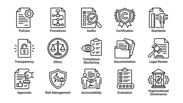 Business compliance and governance icons set including policies procedures audits certification standards  a collection of black line icons on a transparent background
