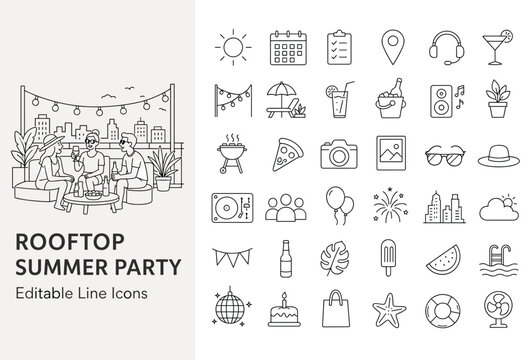 Modern flat line vector icon set for summer fun, rooftop parties, and outdoor celebrations. Features friends, BBQ, music, and seasonal elements for various designs.
