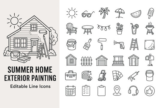 Editable vector line art icons illustrating summer home exterior painting, various tools, and enjoyable summer leisure activities. Great for design projects.