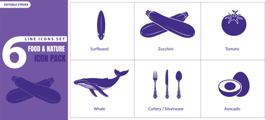 Food and nature icon set featuring vegetables fruits whale and surfboard silhouette © Sharmin