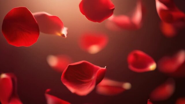 Red rose petals softly falling with romantic blurred background and warm lighting effect