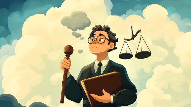 Cartoon judge holding a gavel and book with scales above, against a cloudy sky