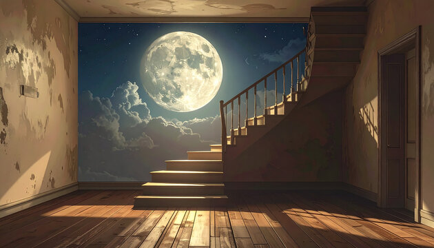 Abandoned room with staircase leading to moonlit night sky