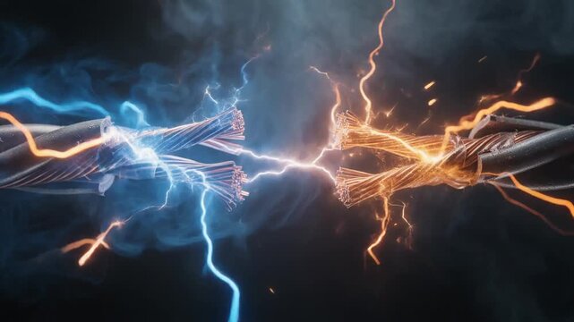 High voltage electricity sparks between broken copper wires with dynamic blue and orange electric arcs