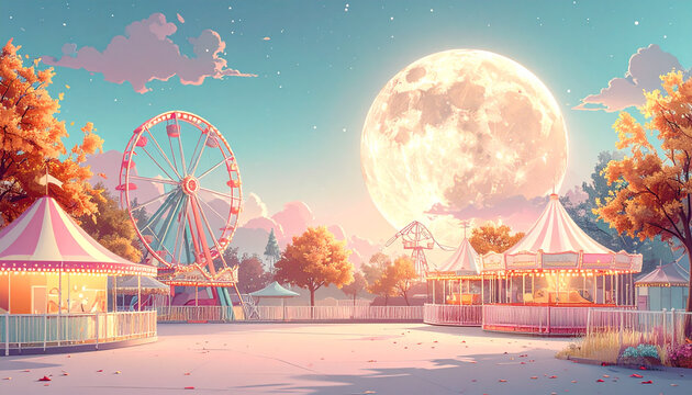 Moonlit Amusement Park Scene with Ferris Wheel and Carousel