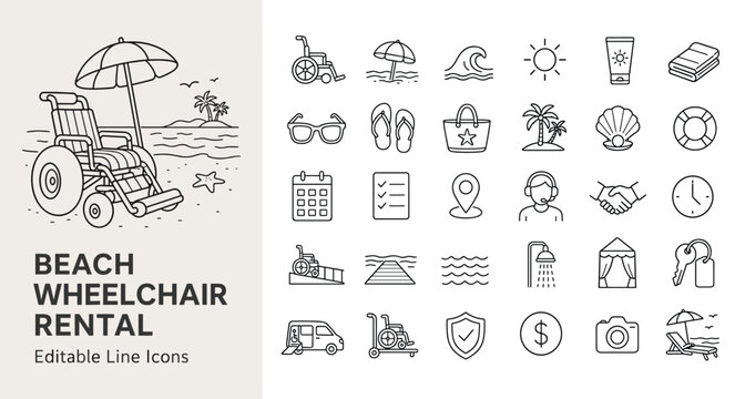 Outline vector icons for accessible beach vacations and wheelchair rental services. Ideal for travel apps, websites, brochures promoting inclusive tourism and support.