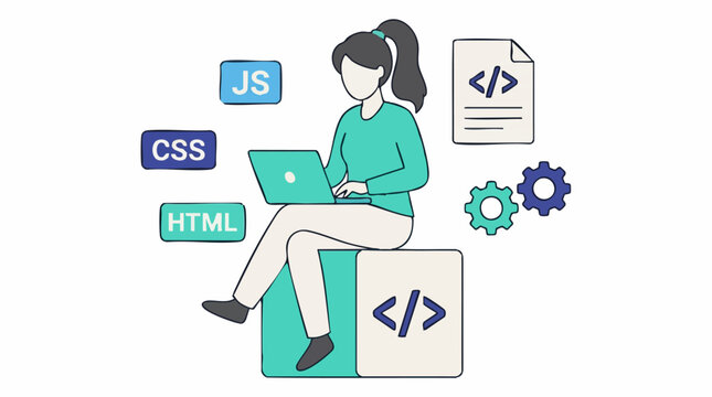 Female Developer Coding on Laptop with HTML, CSS, JS Programming Languages