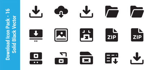Download icon pack 16 solid black vector set for professional archival and storage applications. © Lima