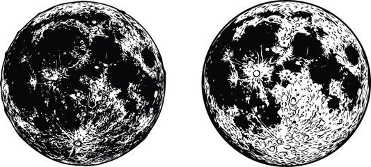 Two detailed moon illustrations with craters and textures black and white silhouette © Sharmin