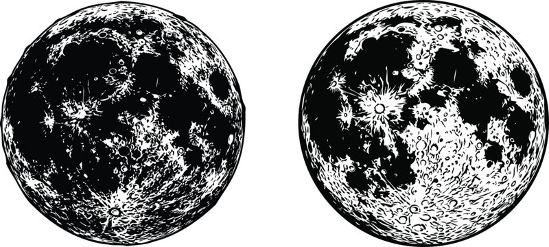 Two detailed moon illustrations with craters and textures black and white silhouette