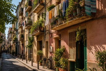 Fototapeta premium Quiet colorful neighborhood street with plants, balconies, textured walls and warm afternoon light. Local flavor, authentic urban travel and community place concept