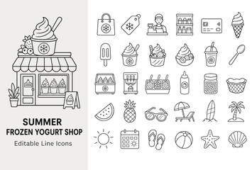 Fototapeta premium Editable line art icons for a summer frozen yogurt shop. Includes desserts, fruits, and beach elements. Perfect for web design, menus, or seasonal promotions.