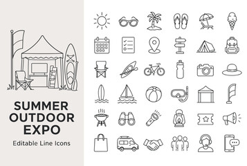 Obraz premium Comprehensive vector set for a summer outdoor expo, featuring editable line icons and a detailed booth scene. Ideal for event promotions and web design.