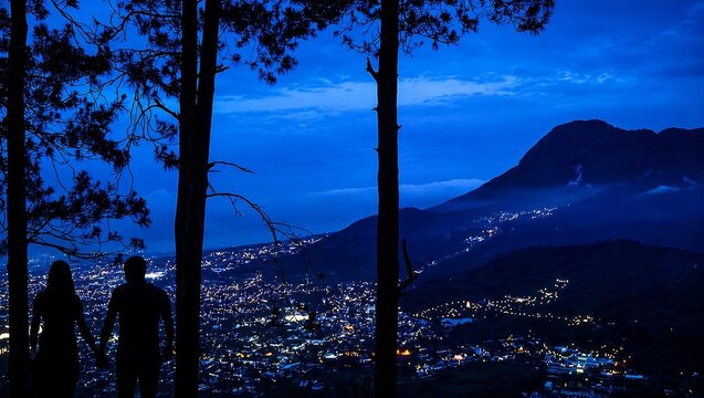 Batu, East Java, Indonesia - June 1, 2026: Silhouette of a couple overlooking Batu city lights and mountain landscape at blue hour from a pine forest viewpoint