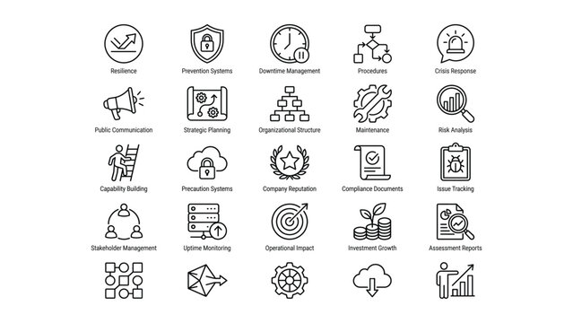 Business strategy and management icons set for companies and organizations to improve performance and efficiency through planning and analysis tools
