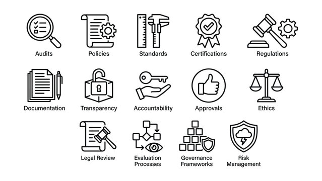 Compliance and regulatory icons for business governance and risk management systems