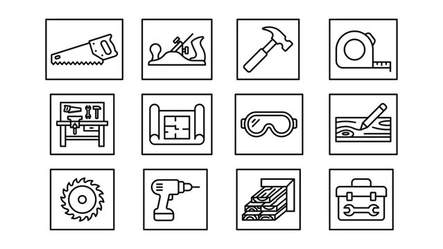Set of various black line icons for construction and carpentry tools and equipment on white background