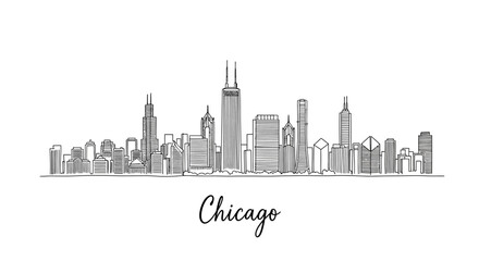 Naklejka premium Minimalist black-and-white sketch capturing the iconic Chicago skyline with detailed skyscrapers and cityscape elements within a