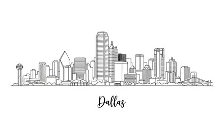 Obraz premium Minimalist Line Art Illustration of Dallas Skyline Featuring Iconic Buildings and Cityscape
