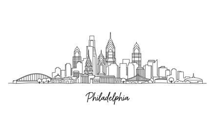 Naklejka premium Minimalist Line Art Illustration of Philadelphia Skyline Showcasing Iconic Buildings and Cityscape Features in a Stylish Black