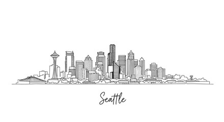 Fototapeta premium Minimalist Line Art Illustration of Seattle City Skyline Featuring Iconic Landmarks