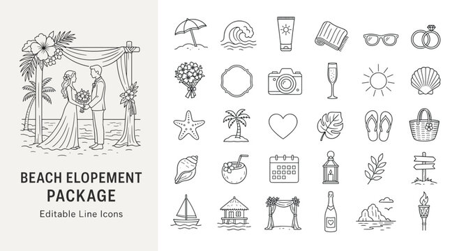 Editable line icons for beach elopement, tropical wedding, and vacation themes. Perfect for travel agencies, invitations, web design. Clean, modern vector style.