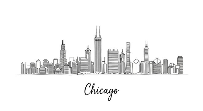 Minimalist black-and-white sketch capturing the iconic Chicago skyline with detailed skyscrapers and cityscape elements within a