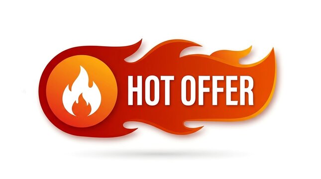 Hot offer badge with flame icon and vibrant orange red gradient background for marketing sales promotion and retail advertising