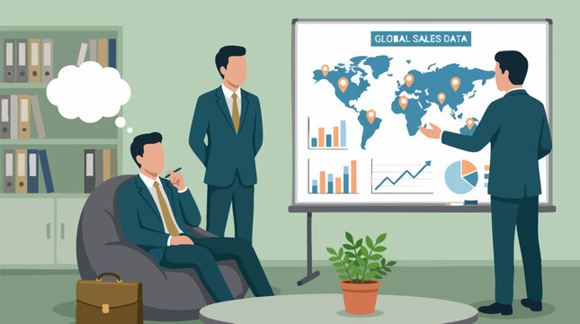 Businessmen analyzing global sales data in office meeting illustration