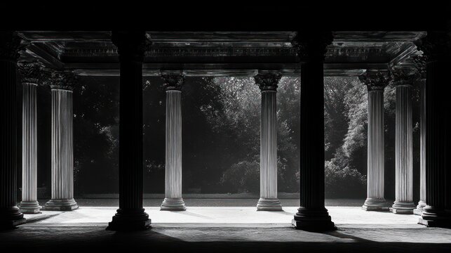 Architectural colonnade with detailed capitals in grayscale, overlooking a dark, wooded backdrop
