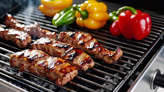 Juicy barbecue ribs and colorful bell peppers are grilling on a hot barbecue grill, smoke rising enticingly in a captivating slow motion sequence