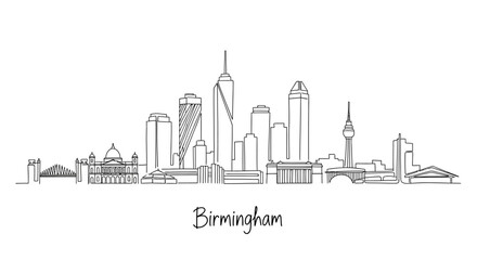 Fototapeta premium Minimalist line drawing of Birmingham skyline highlighting prominent architectural landmarks and cityscape details