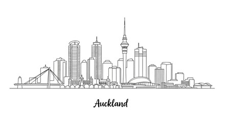 Fototapeta premium Elegant minimalist black-and-white line drawing of Auckland's diverse skyline showcasing modern skyscrapers and iconic landmarks