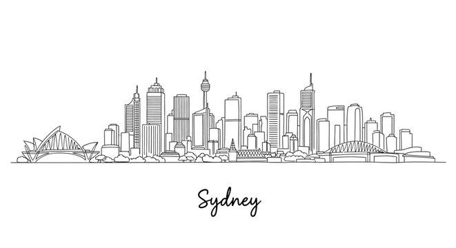 Minimalist Line Art Illustration of Sydney Skyline Featuring Iconic Landmarks and Urban Details
